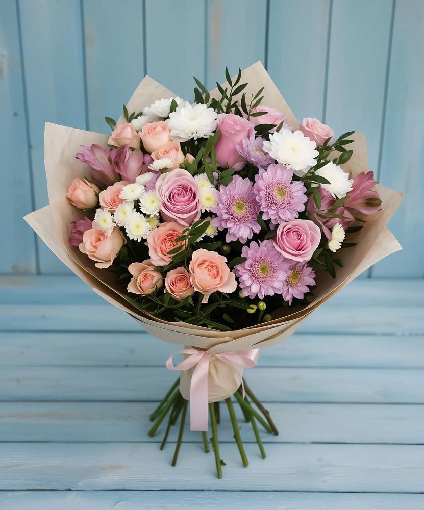 Букет цветов из: Хризантемы, Розы и Альстромерии в Камышах