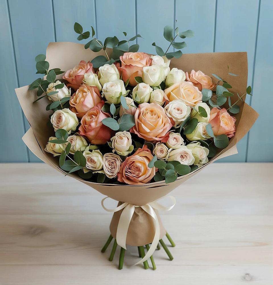 Букет цветов из: Альстромерии и Розы в Камышах