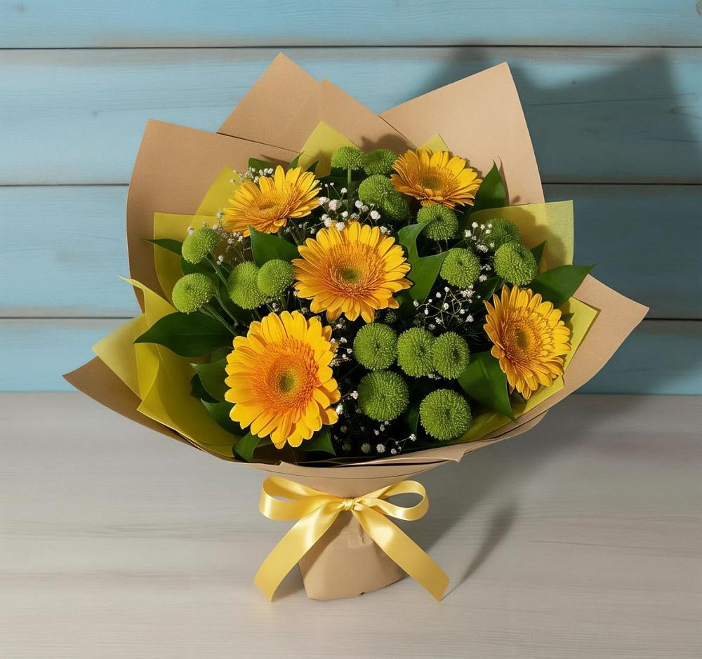 Букет цветов из: Герберы и Хризантемы в Камышах