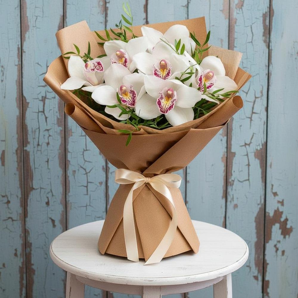 Букет цветов из: Орхидеи и Розы в Камышах