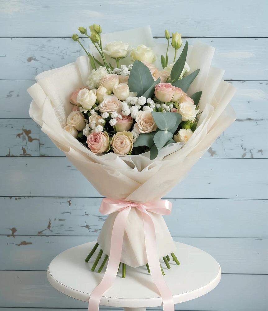 Букет цветов из: Розы и Лизиантусы в Камышах